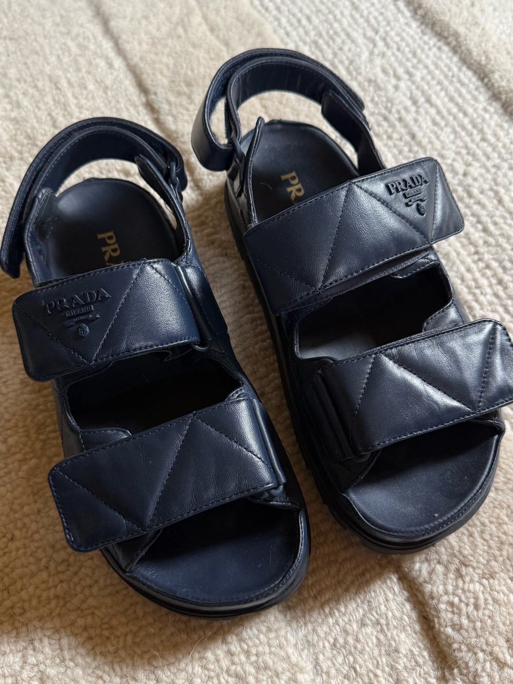 Prada navy blue Leather Velcro Strap Sandal
